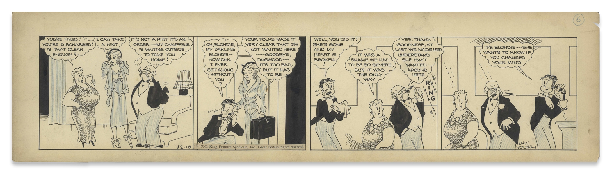 Chic Young Hand-Drawn ''Blondie'' Comic Strip From 1932 Titled ''Blondie Can Take a Joke'' -- Dagwood's Parents Try to Drive a Wedge in His Romance With Blondie